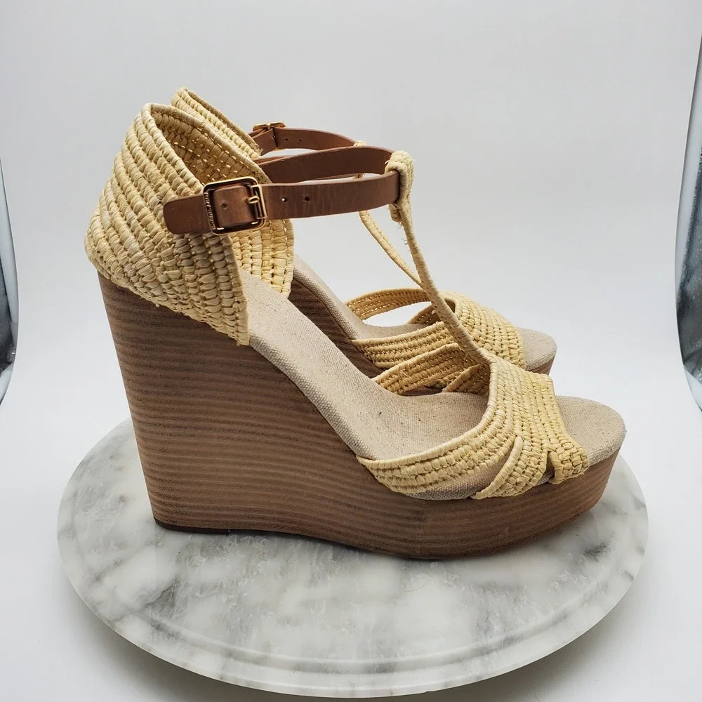 Tory Burch Carina Macrame Straw Wedge Sandals Royal Tan Leather T-Strap US 9.5M